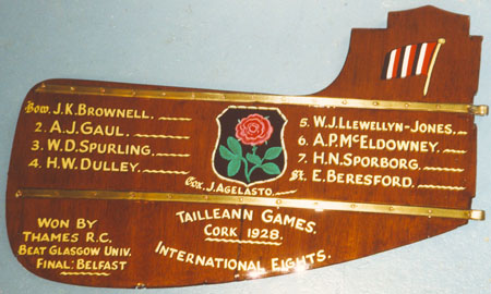 A rudder for the cox of a winning crew competing in the Tailleann Games 1928